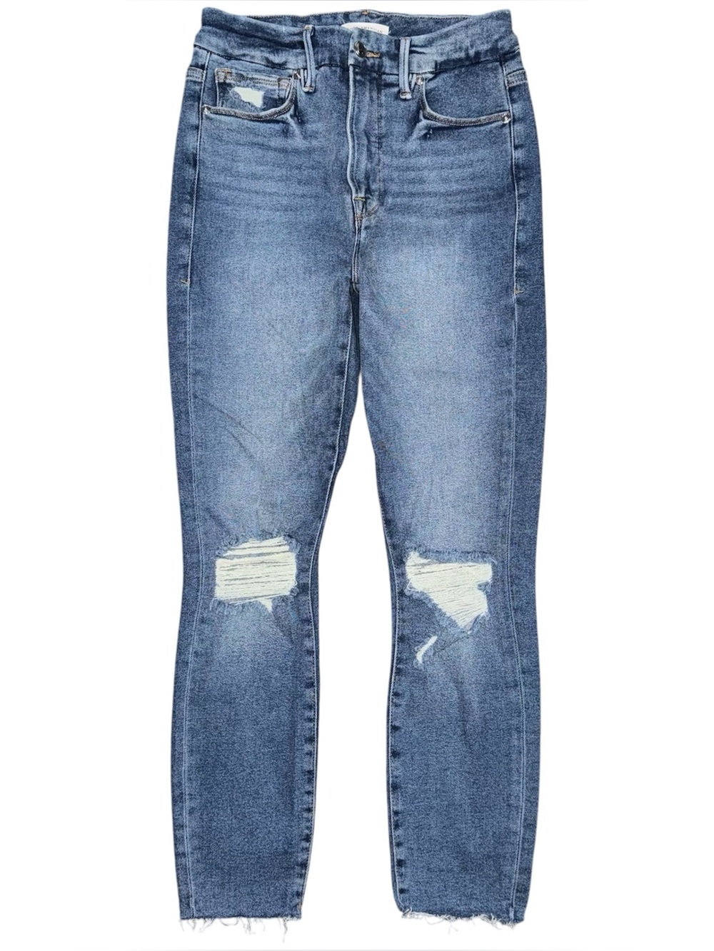 Good American Jeans Good Waist Crop Raw Edge Skinny Blue533 Distressed Sz 4 / 27